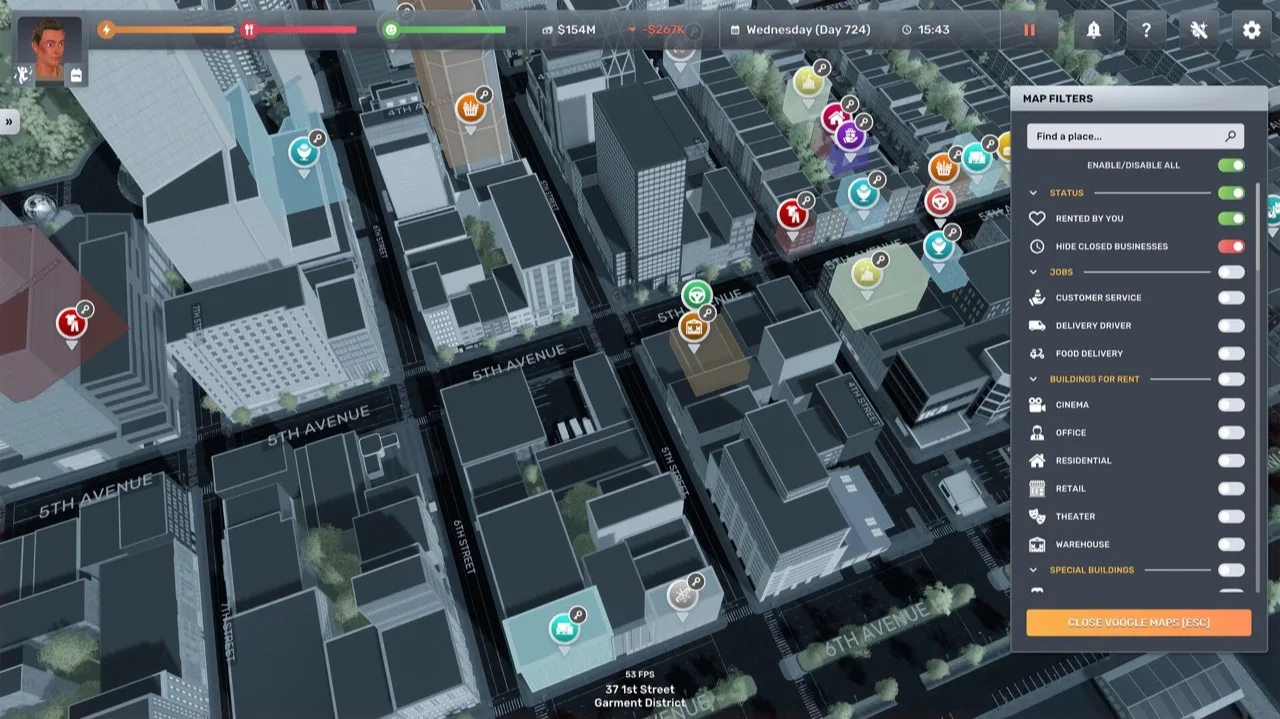 The Voogle Maps city view with a Map Filters panel listing job and building-type toggles, over a greyed-out street grid dotted with coloured business pins.