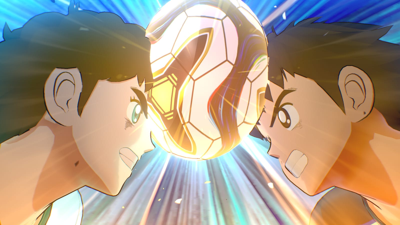 Two players in dark kits collide head-first on the ball in a glowing aerial duel, the ball squashed between their foreheads.