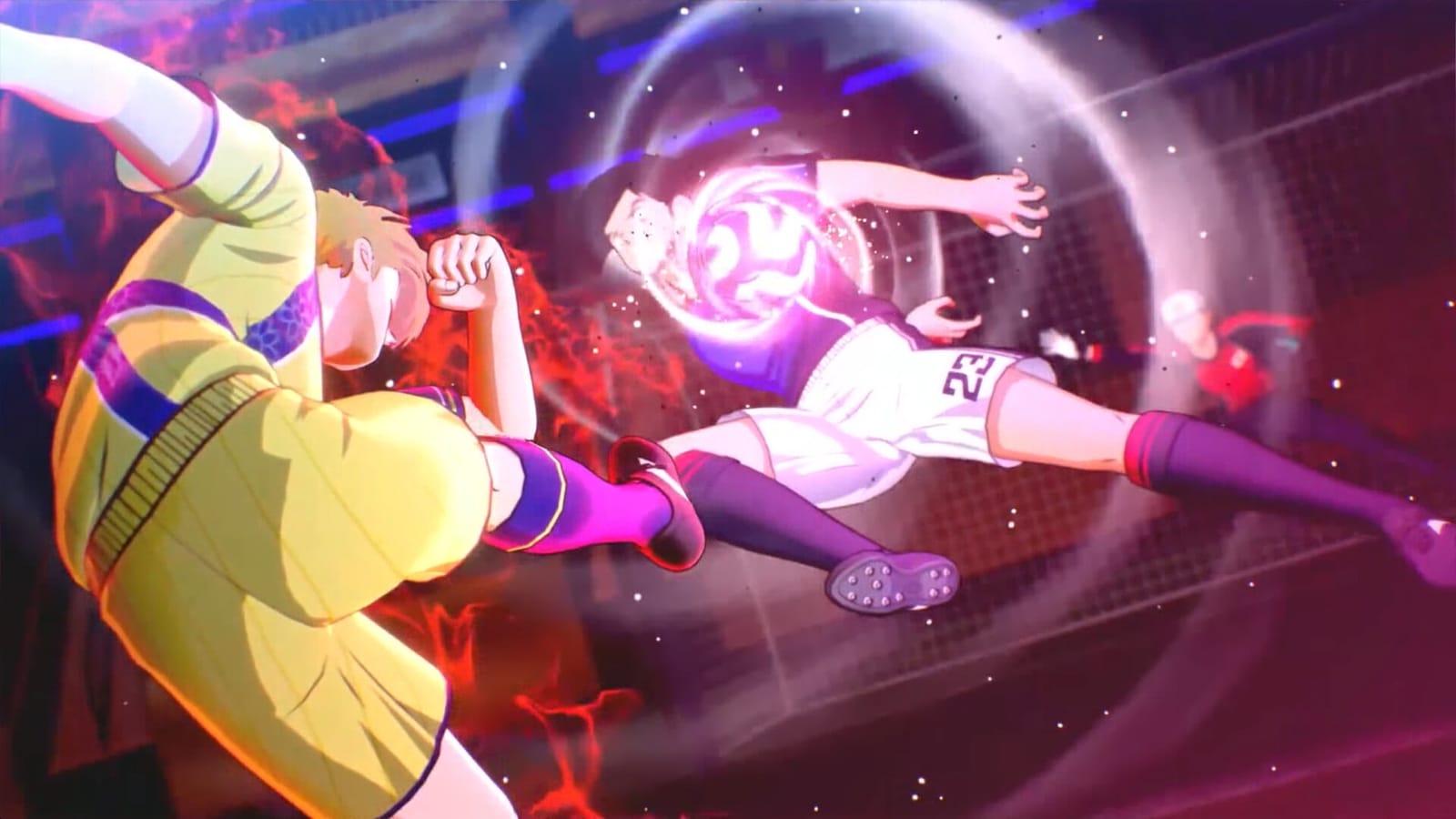 A goalkeeper in yellow braces in front of goal as a striker in white unleashes a shot wrapped in a swirling purple aura.