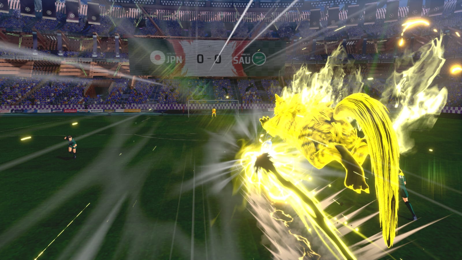 A wide stadium view of Japan against Saudi Arabia at 0-0, with a golden beast-shaped super-move aura erupting from a player near the right touchline.