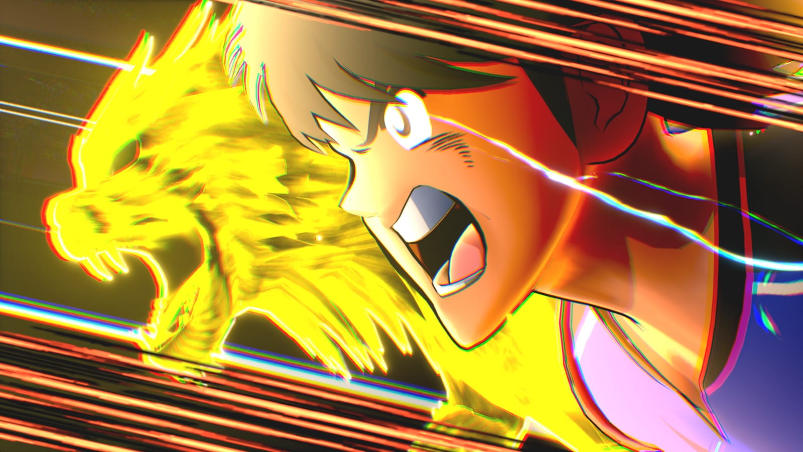 Close-up of a player shouting mid-strike as a roaring golden tiger aura streaks across the frame beside his face.