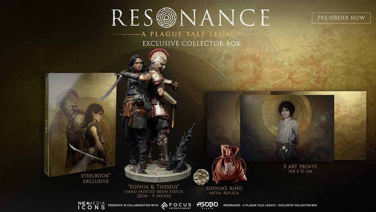 Official Collector's Box contents laid out on a gold backdrop: a SteelBook, the Sophia and Theseus resin statue, a metal ring beside its pouch, and three art prints.