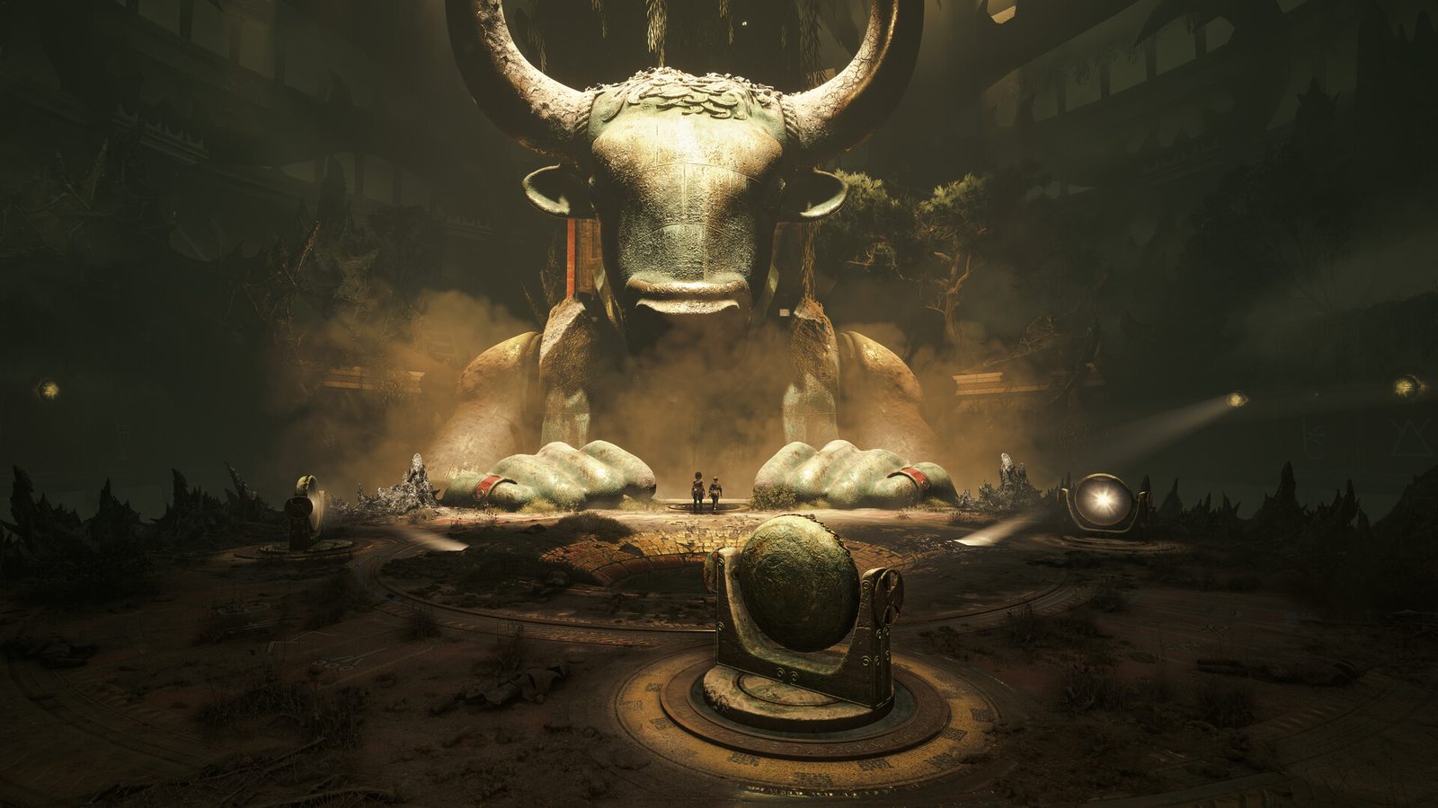 Two small figures stand beneath a colossal bronze bull statue while a sphere pedestal and mirror stands cast light beams across a circular arena floor.