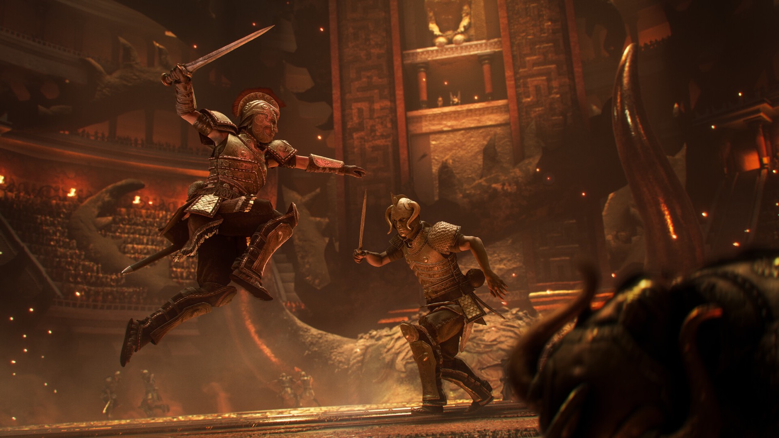 Two bronze-armored Minoan warriors clash with swords in a fiery arena while a horned creature watches from the foreground.