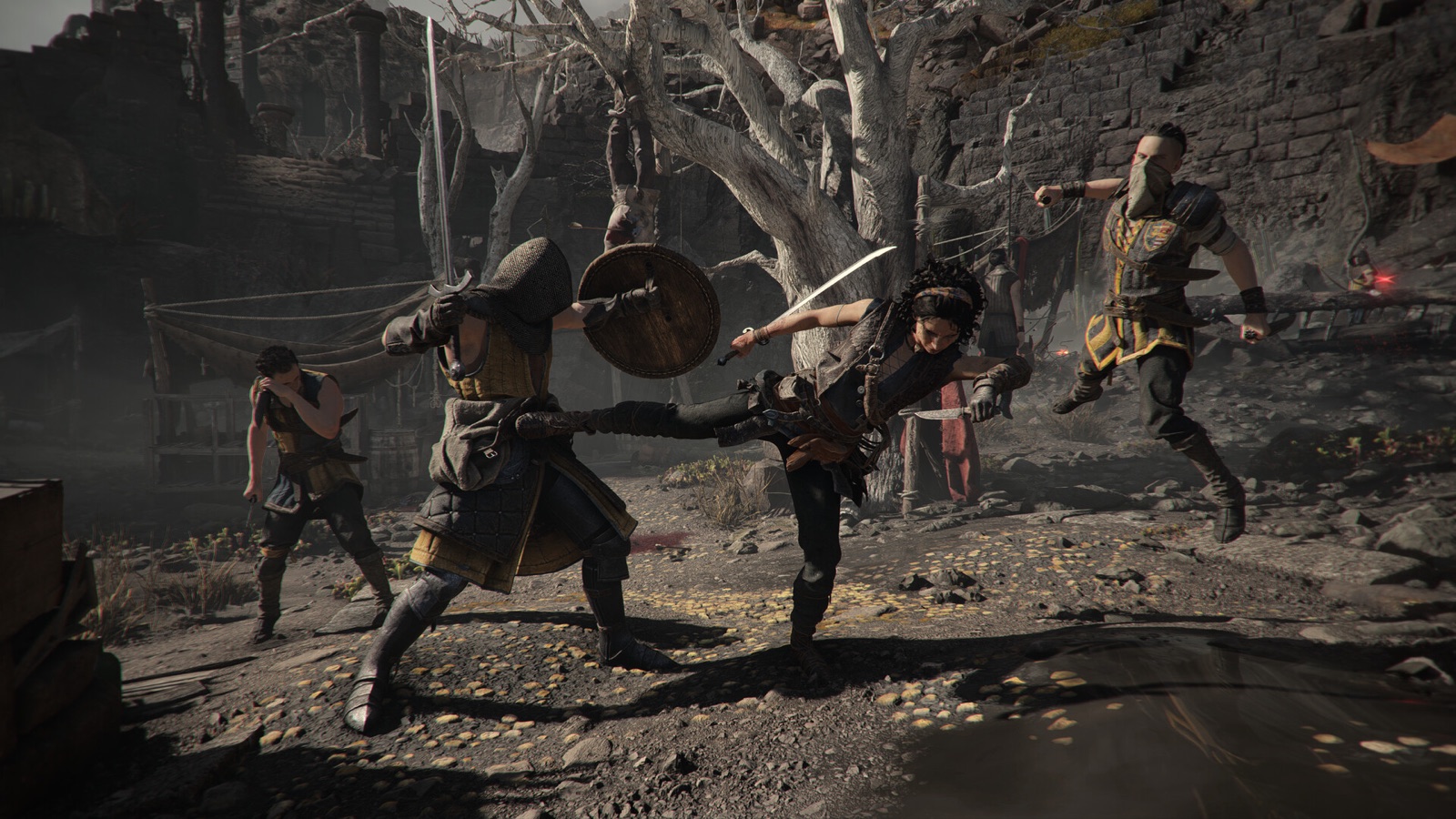 Sophia pivots through a close melee exchange as several armored enemies surround her in a ruined medieval settlement.