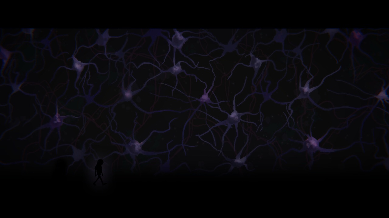 A tiny human silhouette walks along the bottom edge of the frame, dwarfed by a vast dark field of pale branching filaments that spreads across the whole screen like a nerve network.