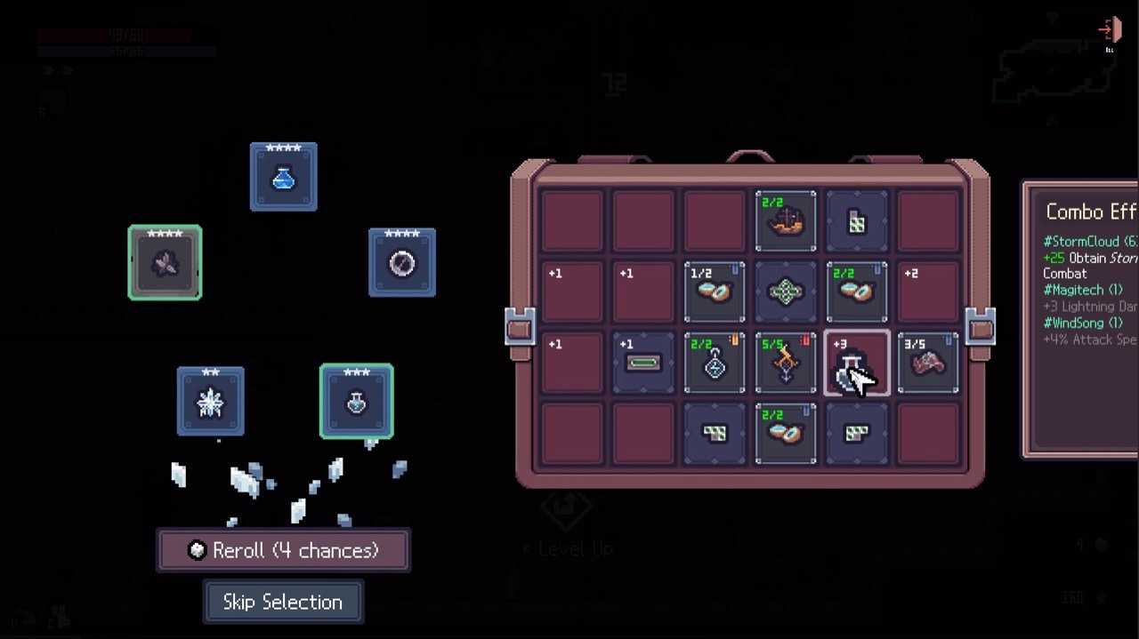 A Sephiria reward room offering five Artifact cards of differing star ratings, with a Reroll button showing four remaining chances and a Skip Selection button below them, and the player's inventory open to the right.