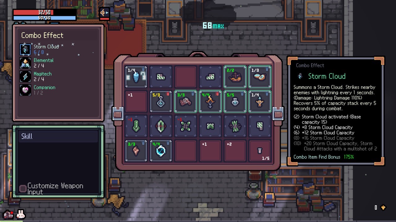 Sephiria's open inventory case filled with Artifact icons, a Combo Effect panel on the left listing Storm Cloud 6/8, Elemental 2/4, Magitech 2/4 and Companion 1/2, and a tooltip on the right showing what each Storm Cloud threshold grants.