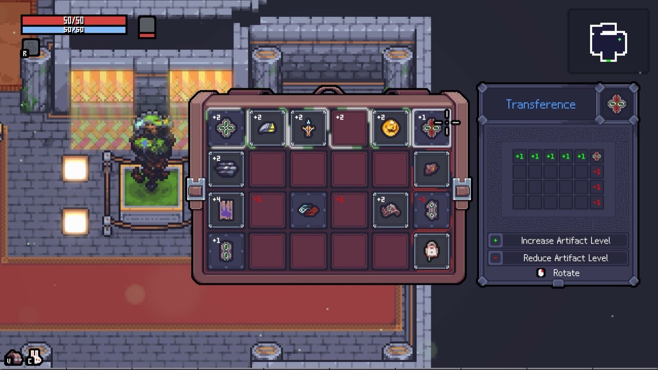A Sephiria Tablet called Transference being placed in the inventory grid, its panel showing a footprint of five green +1 cells along the top row and three red -1 cells down the right, above buttons reading Increase Artifact Level, Reduce Artifact Level and Rotate.